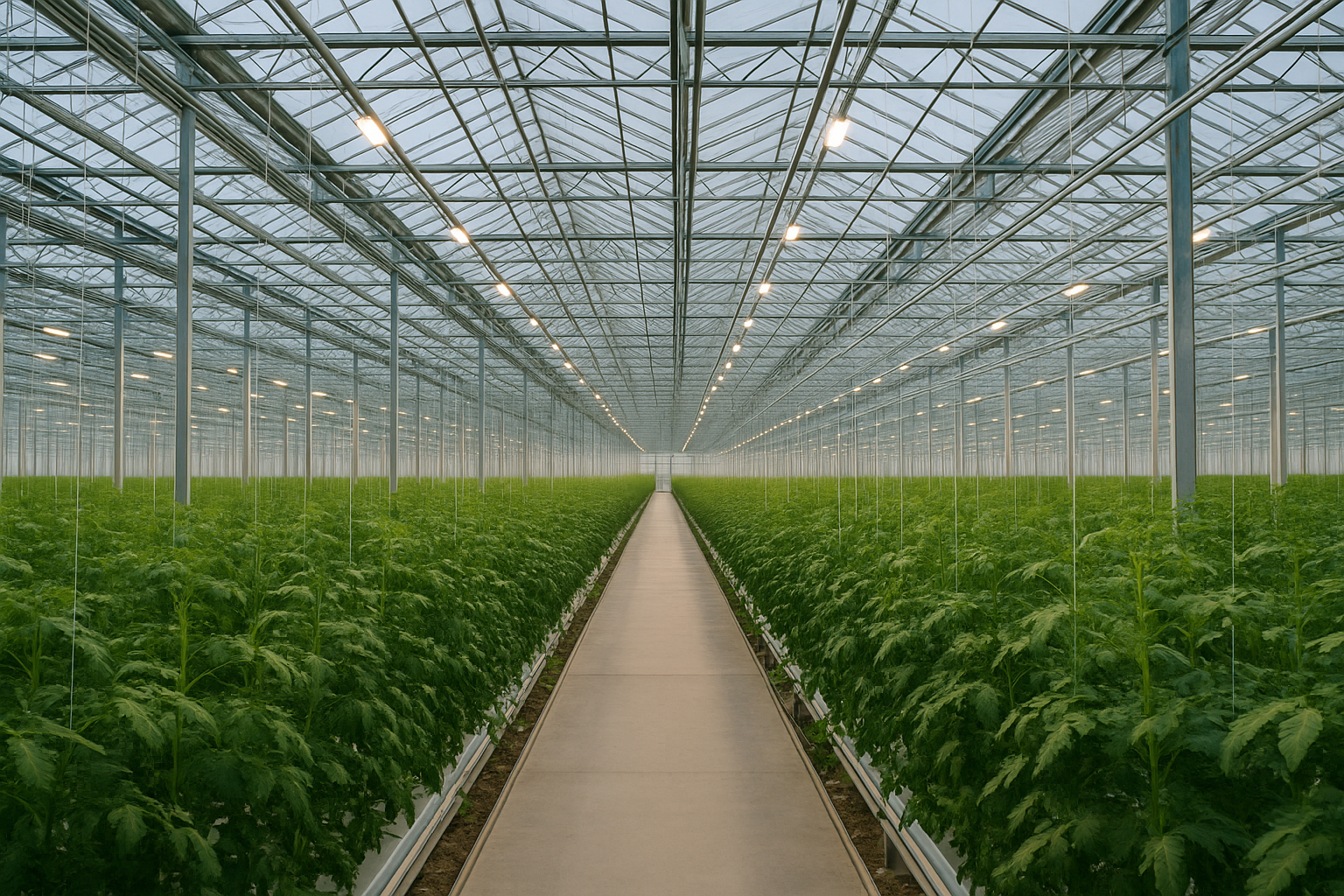 Videoproductie glastuinbouw in een moderne, high-tech kas met lange rijen planten